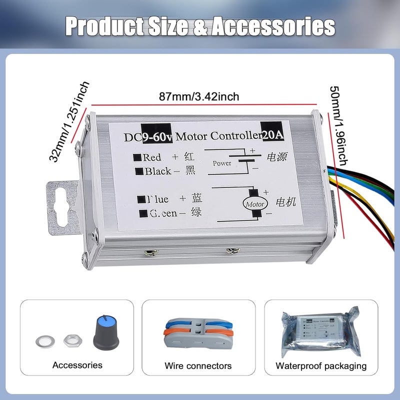 HUSETOO DC Motor Speed Controller, DC 9V - 60V Motor Pulse Width Modulator Regulator Motor Variable Speed Controller with Cable Connector - Image 2